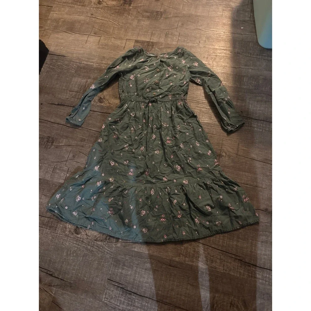 OshKosh Bgosh Girls Green Floral Long Sleeve Button Front Tiered Midi Dress 8/8A